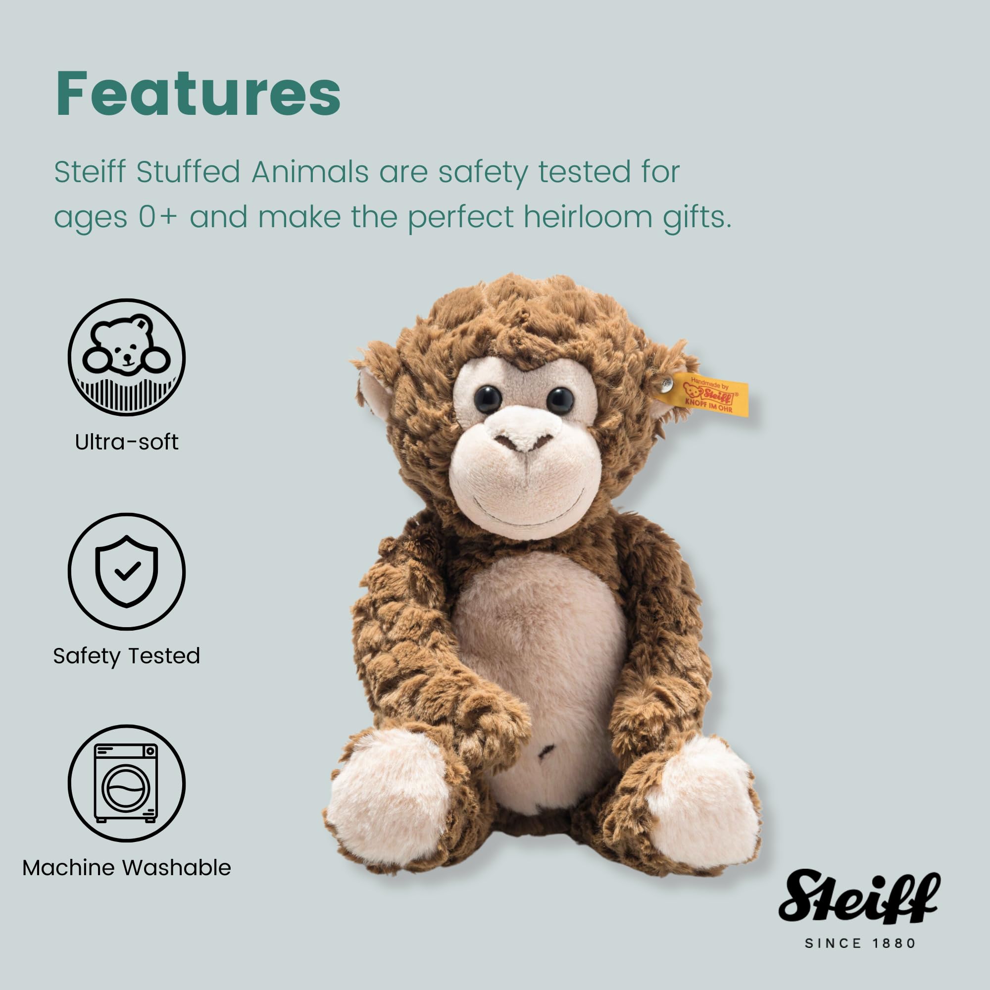 Steiff Bodo Affe 30 cm, Soft Cuddly Friends Kuscheltier, brauner Plüschaffe, weich & waschmaschinenfest