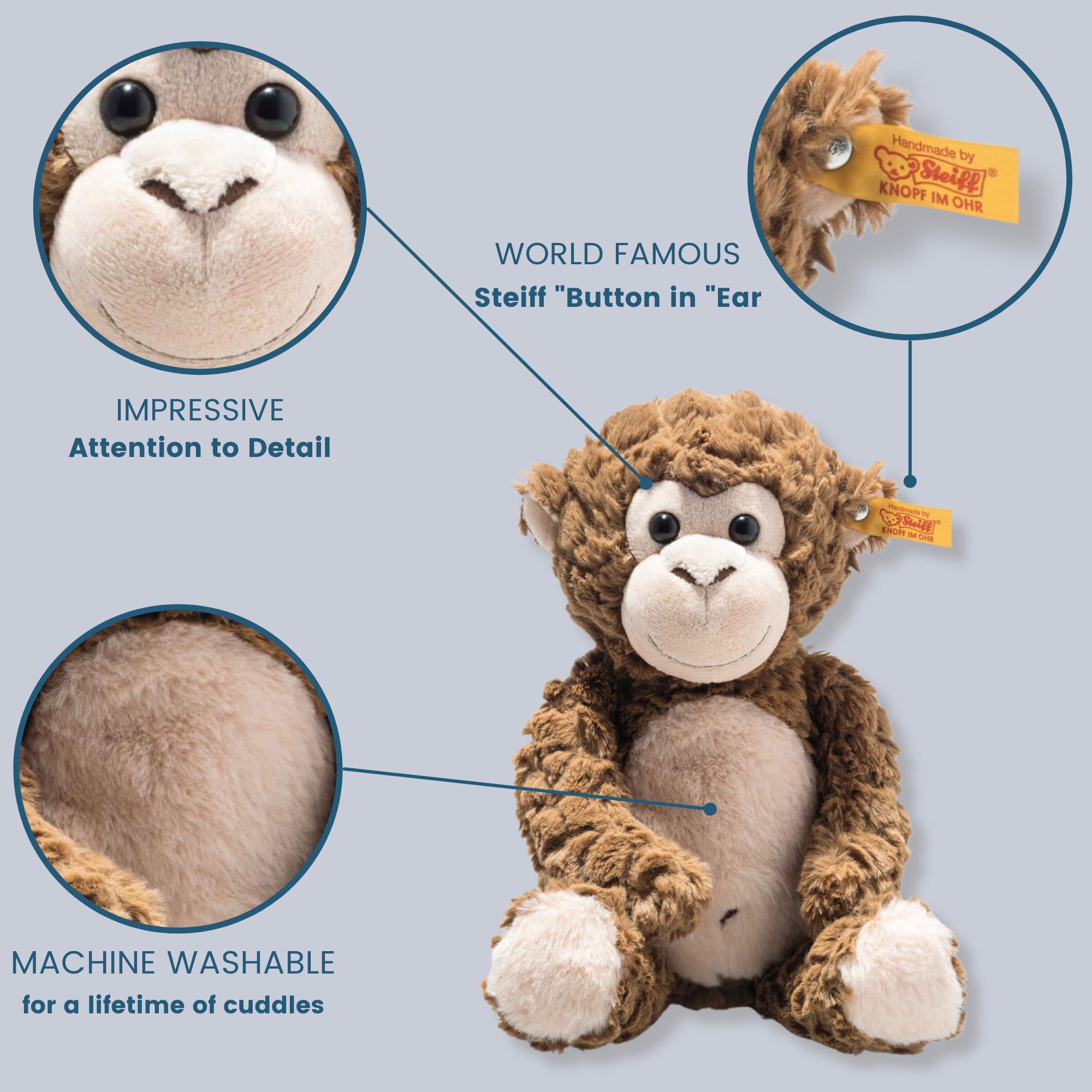 Steiff Bodo Affe 30 cm, Soft Cuddly Friends Kuscheltier, brauner Plüschaffe, weich & waschmaschinenfest