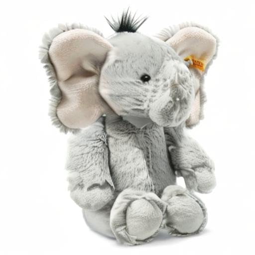Steiff Ella Elefant grau 30 cm, Soft Cuddly Friends Kuscheltier, Plüschfigur mit „Knopf im Ohr“, waschmaschinenfest