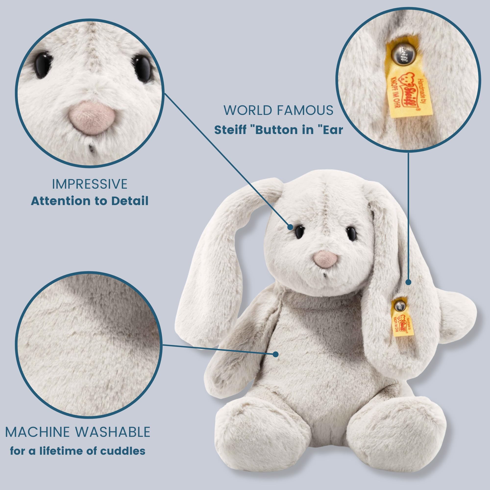 Steiff Hoppie Hase hellgrau 28 cm, Soft Cuddly Friends Plüschtier, flauschiges Stofftier mit Schlappohren
