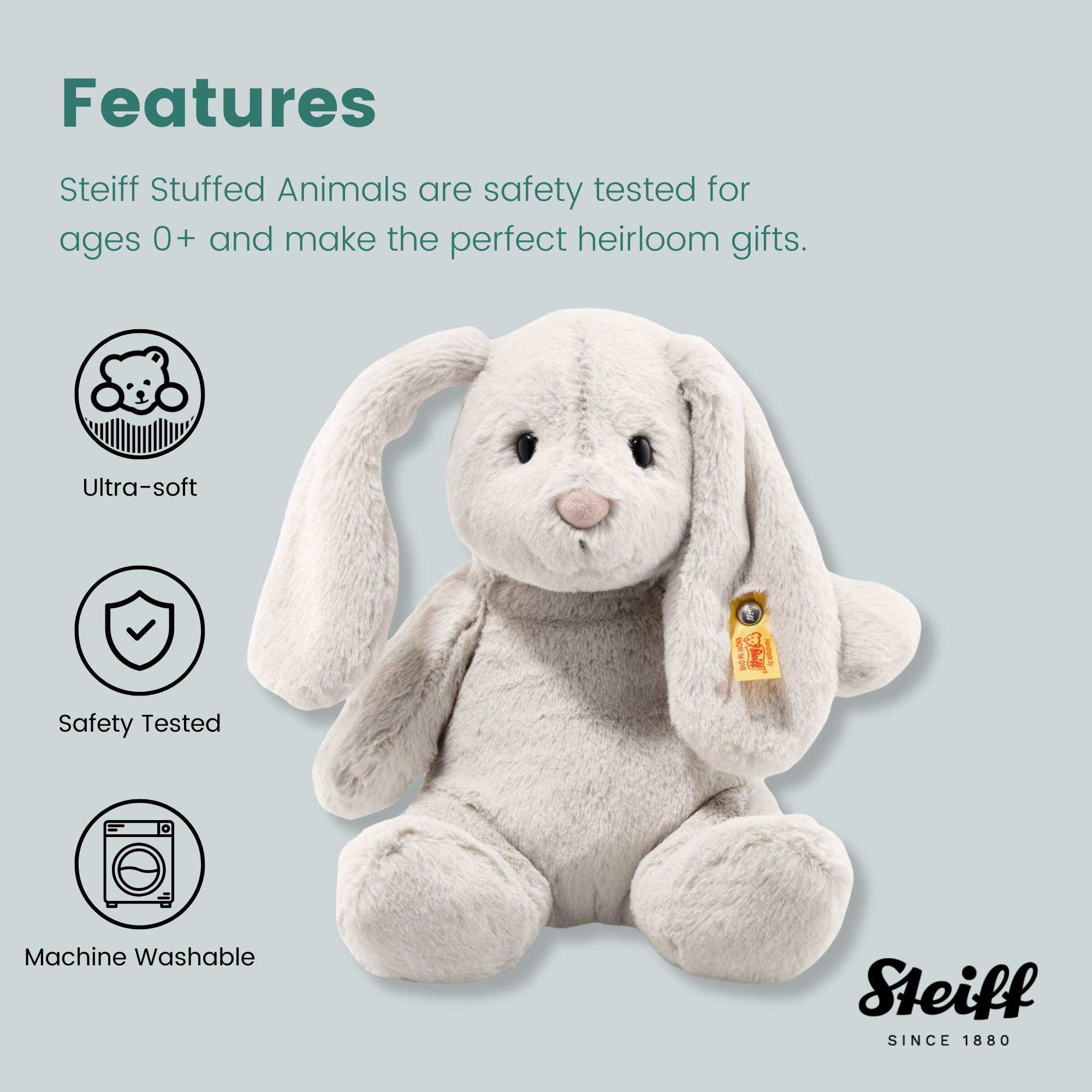 Steiff Hoppie Hase hellgrau 28 cm, Soft Cuddly Friends Plüschtier, flauschiges Stofftier mit Schlappohren